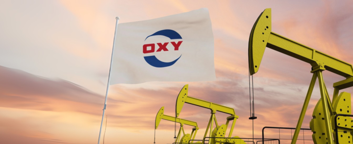 Photo of OXY flag and oil drilling machinery