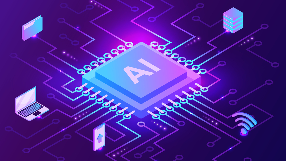 Isometric artificial intelligence, ai analysis with processor chip. — Vector