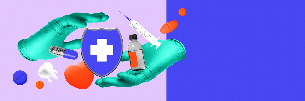 Doctors hands in gloves hold shield with medical cross, surrounded by capsules, syringe, and heart, symbolizing health protection and care. Conceptual art collage. Concept of medical insurance — Photo