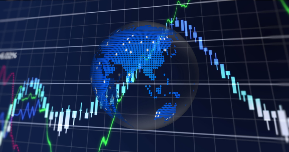 Financial data processing over grid network against spinning globe icon on blue background. global economy and business concept — Photo