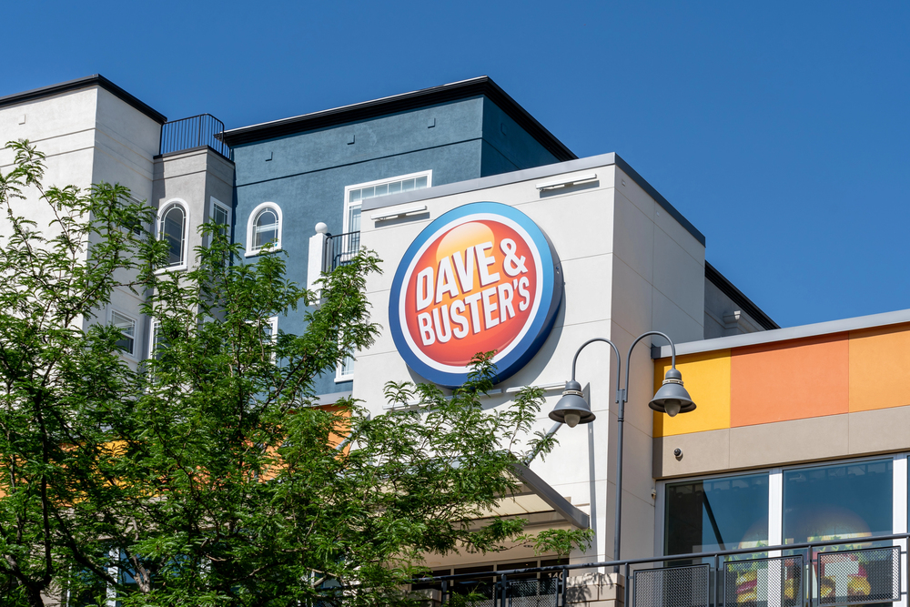 Dave and Buster's logo on the building in Salt Lake City, Utah, USA - June 27, 2023. Dave and Buster's is a chain Restaurant offering a sports-bar-style setting for American food and arcade games. - Stock Editorial Photography
