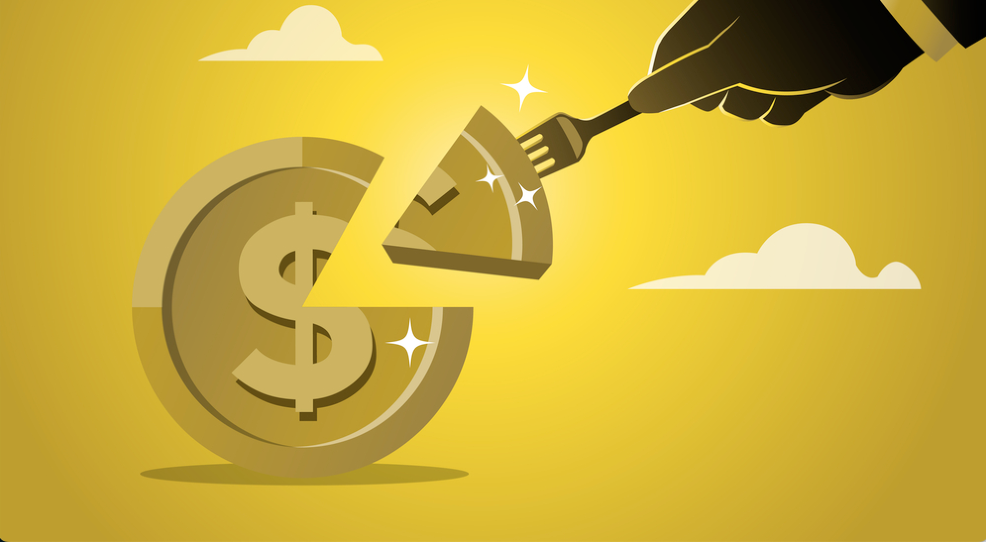 Businessman is given a slice of money on a fork and dollar sign coin pie (cake) with slice missing — Vector