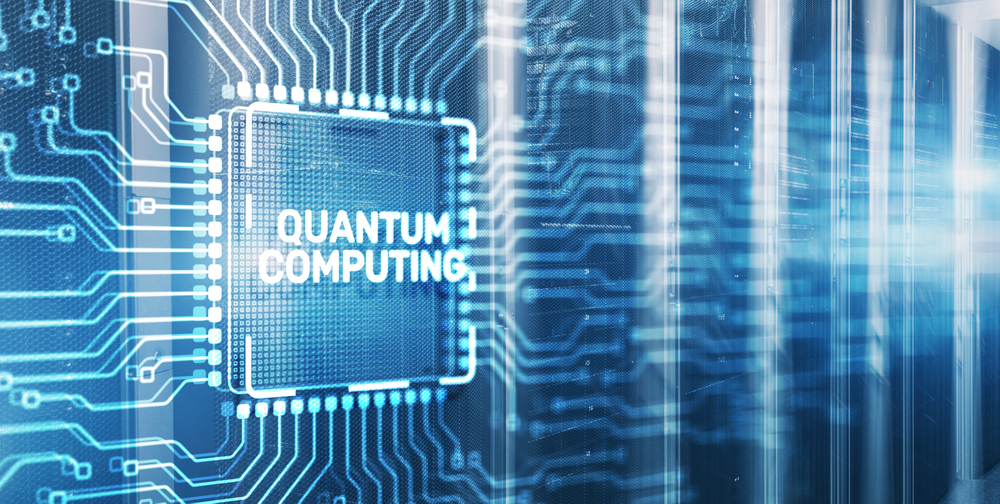 Quantum computing concept. The inscription on 3d Electronic Circuit Board Chip.