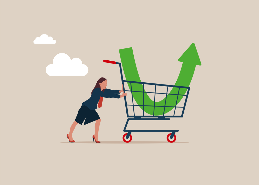 Photo of a woman investor buy stock with down arrow graph in shopping cart. purchase stock when price drop. make profit from market collapse.