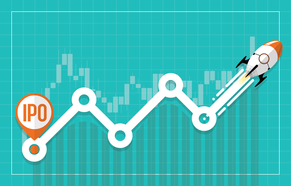 Photo of IPO or Initial Public Offering corporate stock market, company growth concept. Design by financial charts elements and rocket flying. Vector illustration of startup investment and strategy style