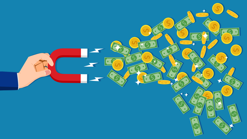 A human hand that attracts money with a magnet. concept of attracting money. vector