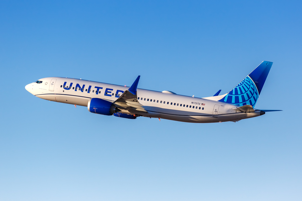 United Boeing 737 MAX 8 airplane at Los Angeles airport (LAX) in the United States.