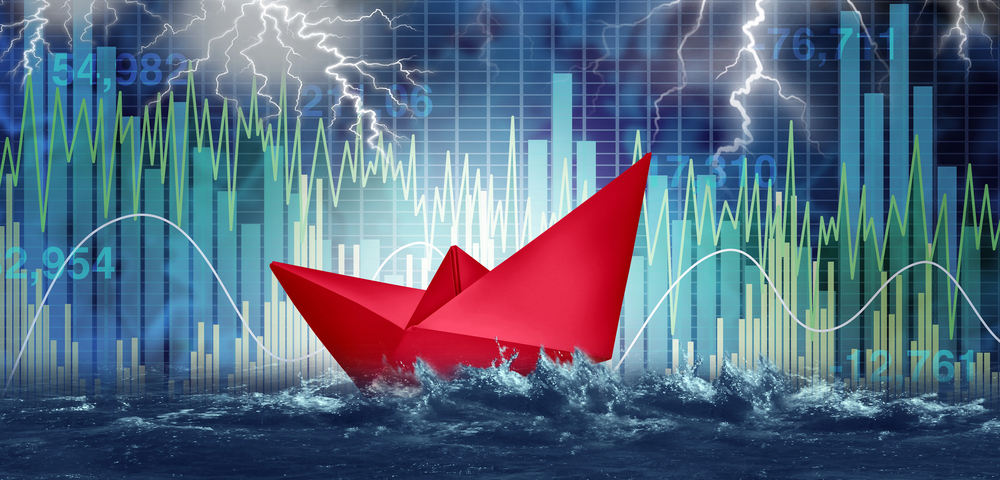 Financial risk and investment danger as stock market turbulence crisis and economic storm as a red paper boat symbol for wealth management and finance security in a 3D illustration style. — Photo