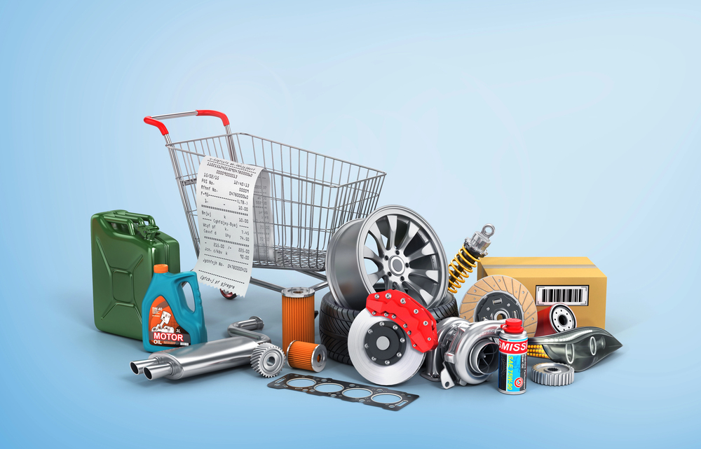 Concept of auto parts shopping. Many auto parts near shopping tr — Photo