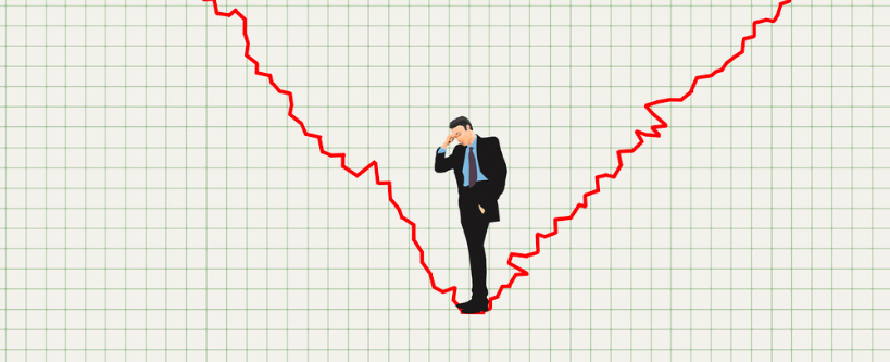 Illustration of a man in a business suit standing in the dip of a stock chart line.