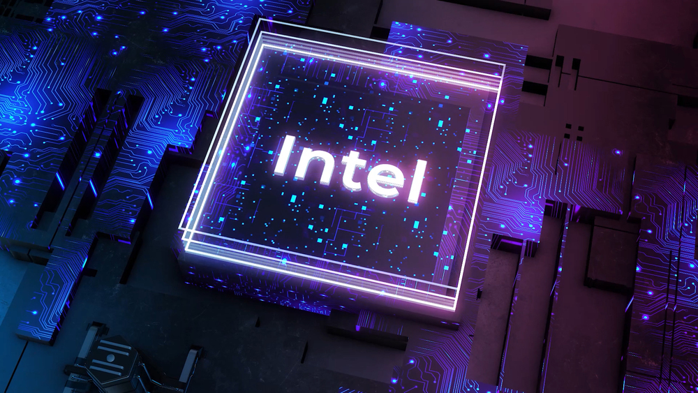 Inscription in neon square. Motion. Intel lettering in neon square on futuristic background. Animation of Intel lettering with neon lines and computer details — Photo
