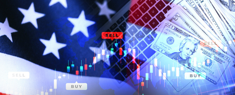 Photo of an American flag, a shock chart, and US dollars