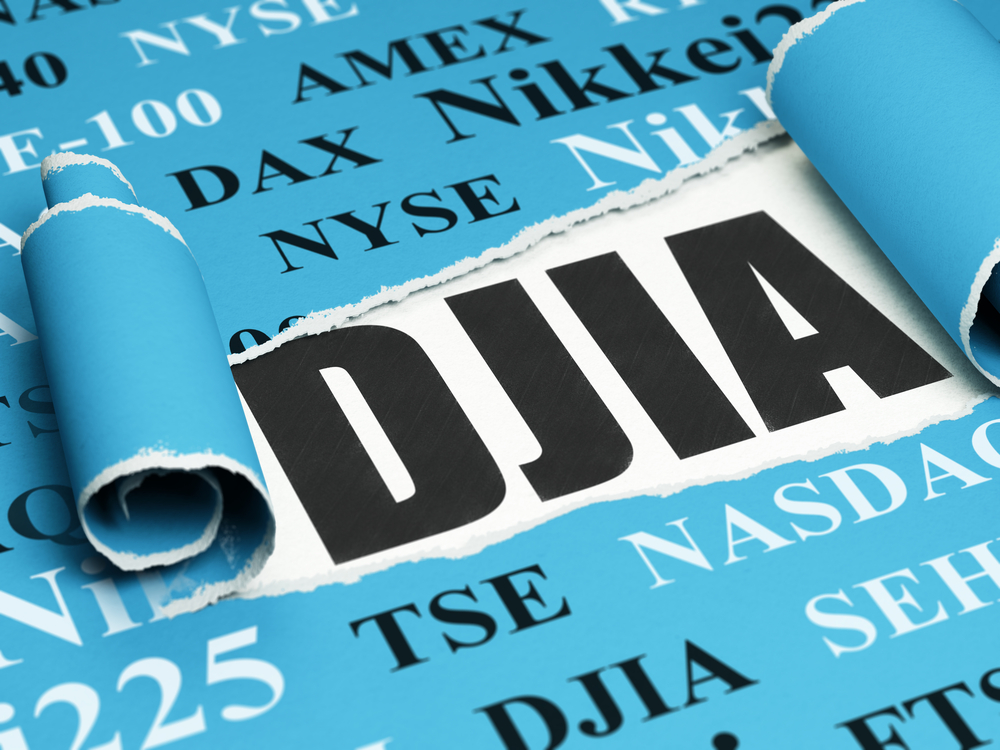 Stock market indexes concept: black text DJIA under the curled piece of Blue torn paper with  Tag Cloud, 3D rendering