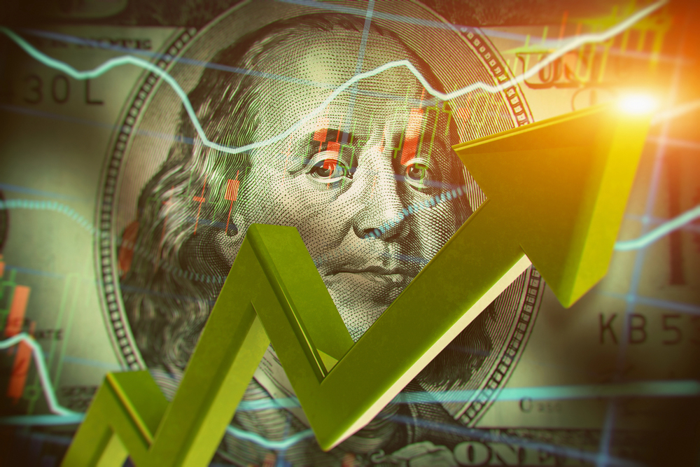 Economist forecast for the United States. Glowing green arrow going upwards on 100 dollar bill. The appreciation and rise of the US dollar. Price increases per dollar. Closeup detail of dollar bill. — Photo