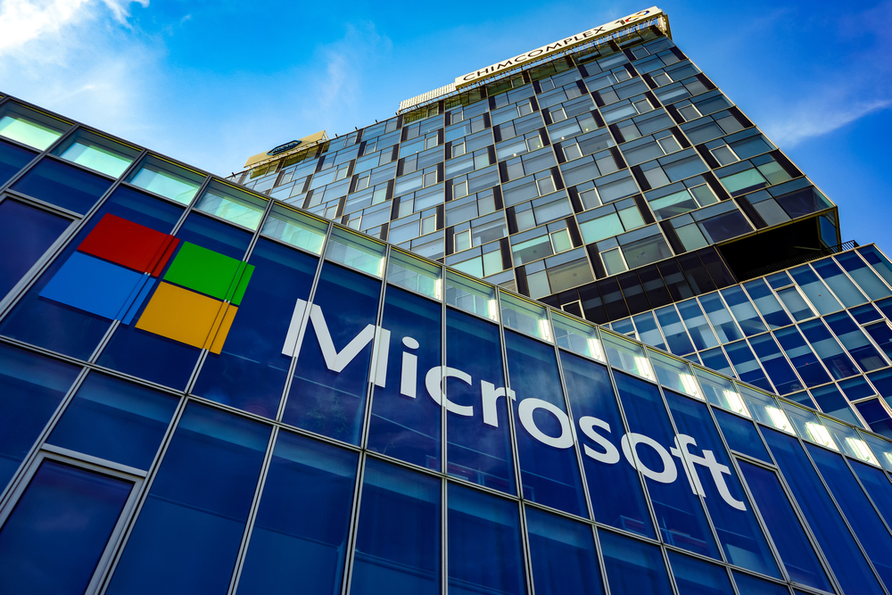 Bucharest, Romania - August 18, 2020: View of Microsoft Romania headquarters in City Gate Towers situated in Free Press Square, in Bucharest, Romania.