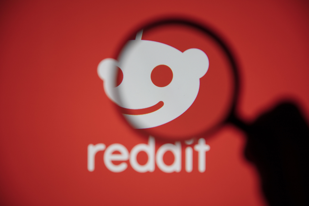 Reddit logo seen under a magnifying glass.