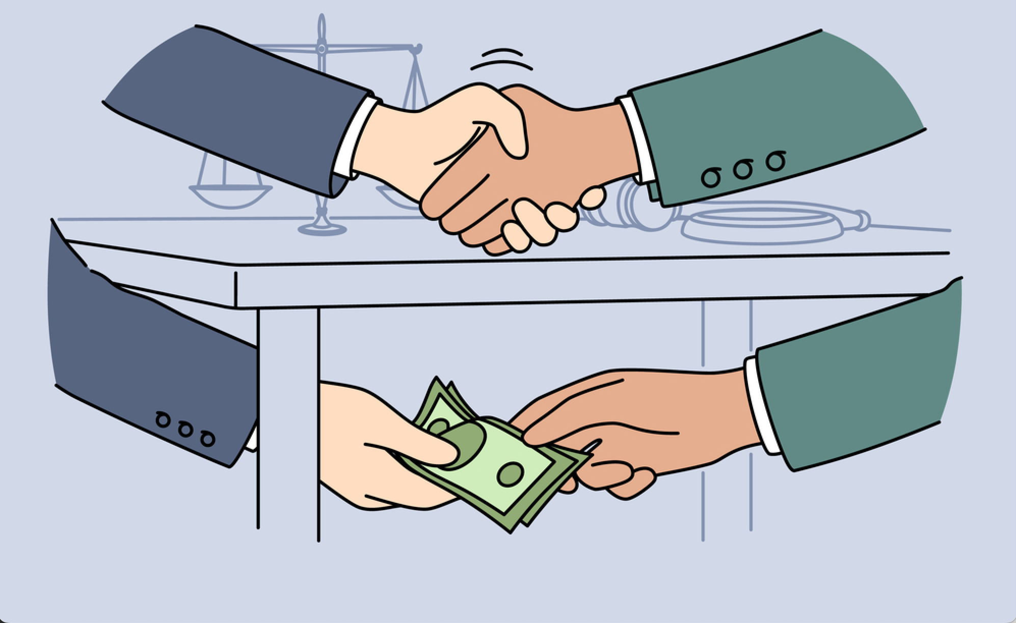 Official shakes hands with businessman after receiving bribe for unfair judicial decision or closure of criminal case. Judge with bribe symbolizes problems in field of law and jurisprudence — Vector
