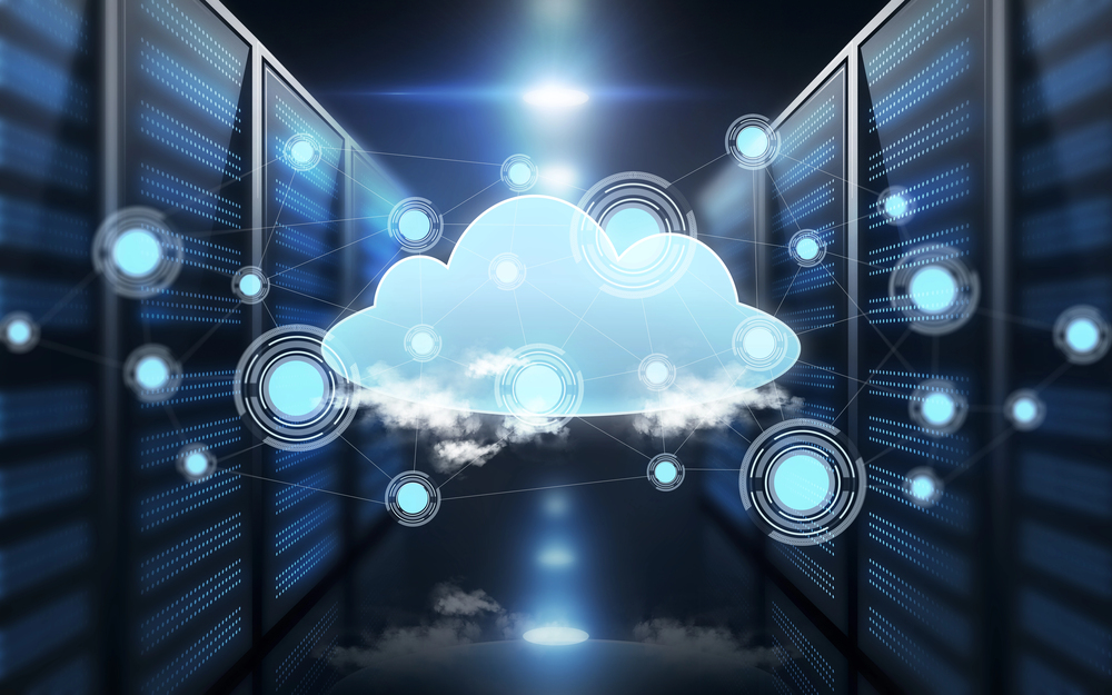 Virtual cloud hologram over futuristic server room - stock image