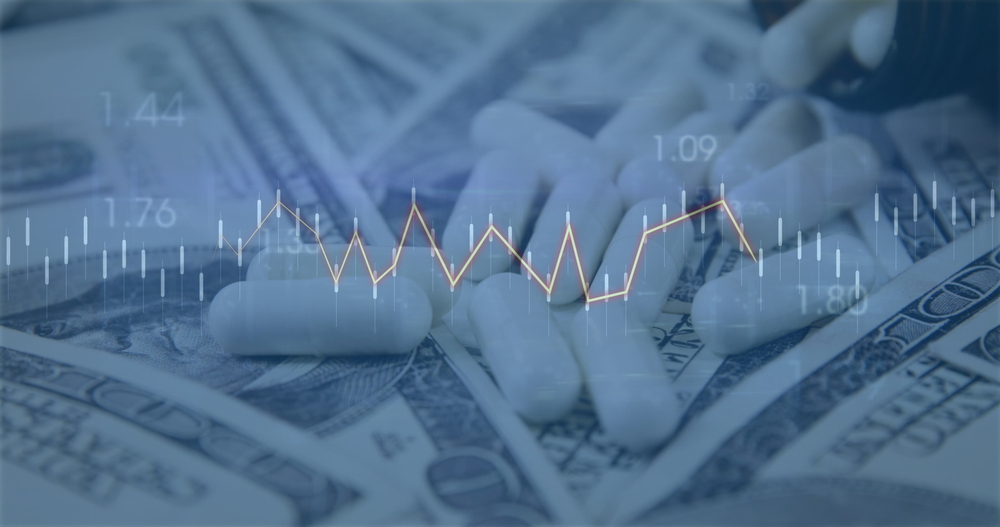 Image of financial data processing over dollars and pills on white background. global finance, business and digital interface concept digitally generated image. — Photo