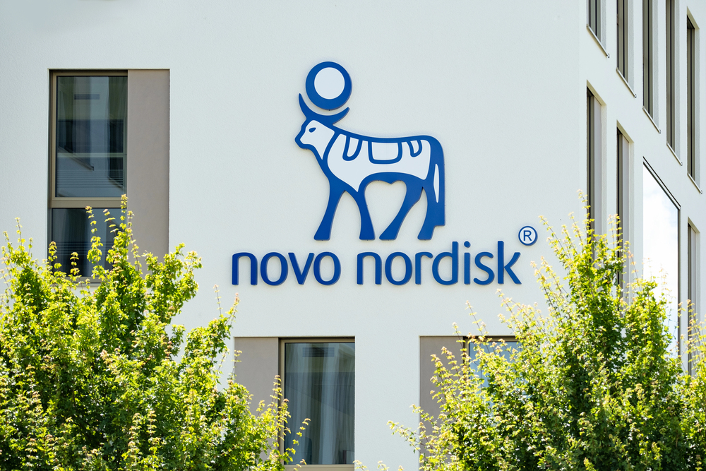 Novo Nordisk advertising logo on facade building, Danish pharmaceutical healthcare giant Novo Nordisk AS, production innovative drugs, obesity treatment Ozempic, Mainz, Germany June 15, 2024 — Stock Editorial Photography