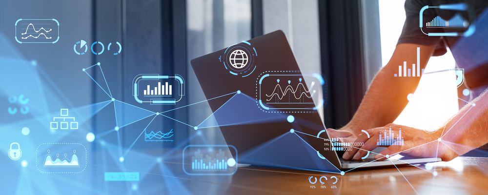 Hands of businessman typing on laptop at office table with double exposure of immersive network hologram with graphs. Concept of internet connection and hi tech — Photo