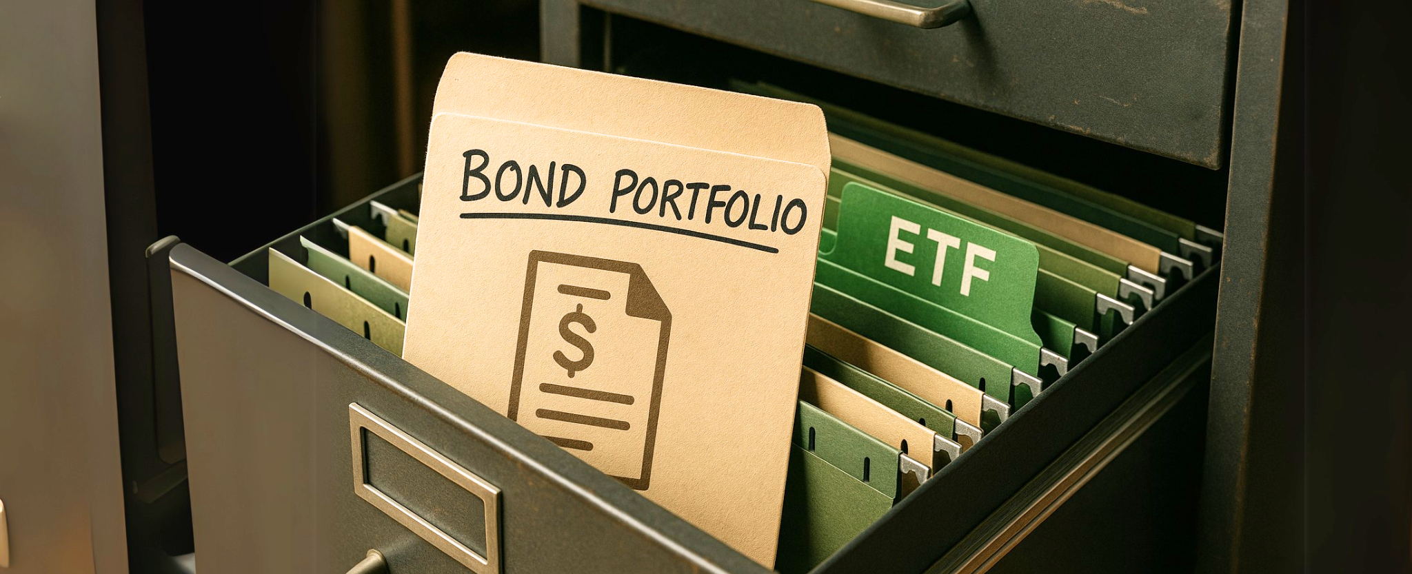 image of a bond portfolio shown in a filing cabinet with ETFs