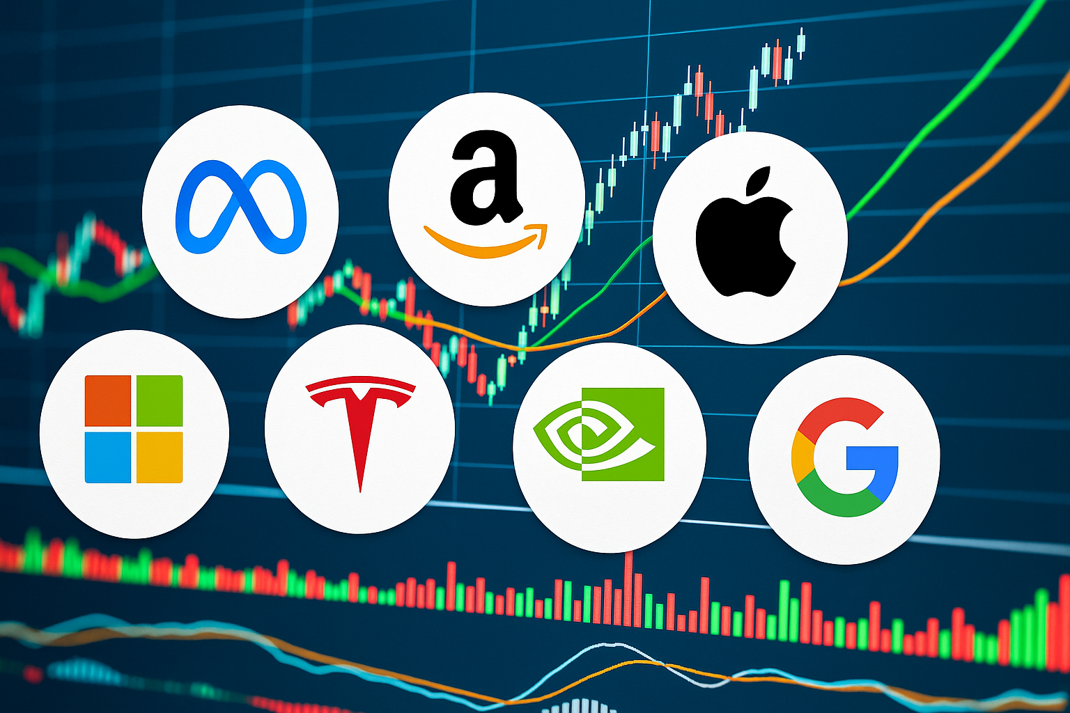 Magnificent Seven company logos over stock chart