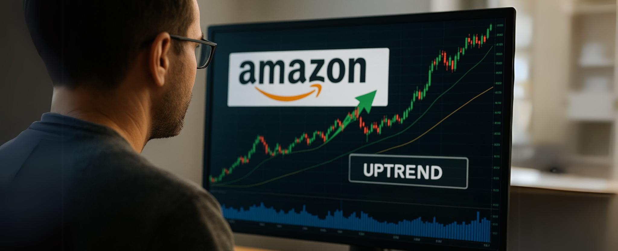 Amazon Stock uptrend computer screen. This image is an original composition by MarketBeat using licensed and editorial elements. Not for redistribution or reuse.