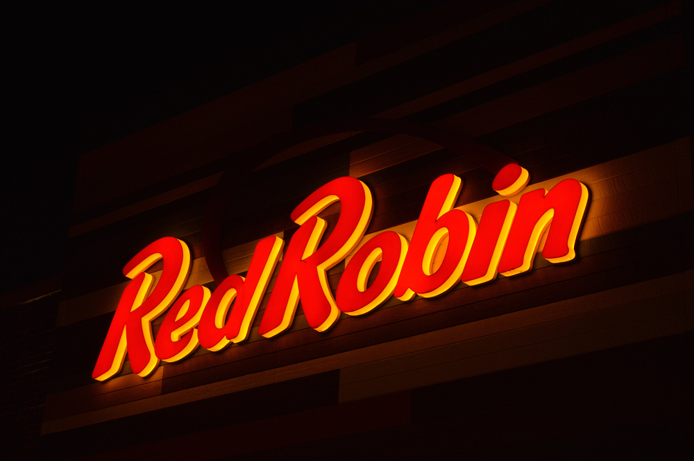 Columbus, Ohio-USA June 30,2019: Red Robin American cuisine restaurant with night sign illumination. - Stock Editorial Photography