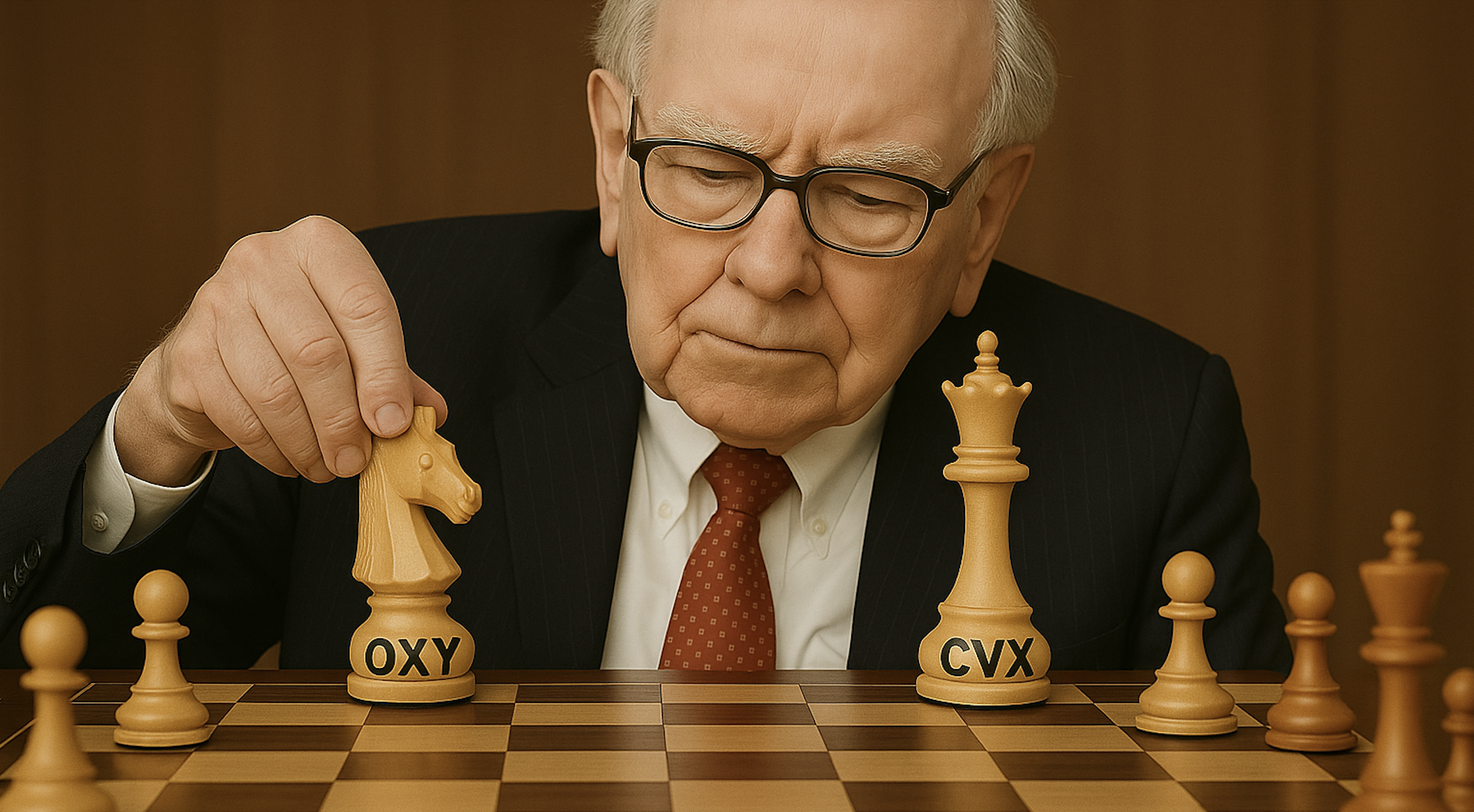 elderly investor playing chess with CVX and OXY - This image is an original composition by MarketBeat using licensed and editorial elements. Not for redistribution or reuse.