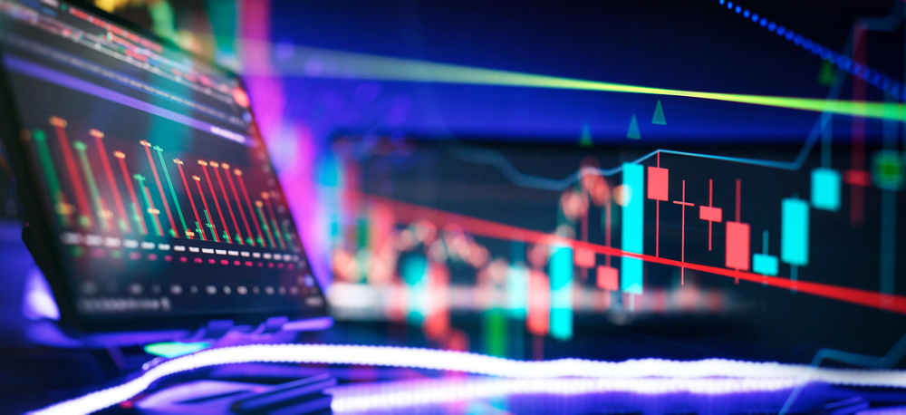 Business graph charts of financial board display candlestick double — Photo