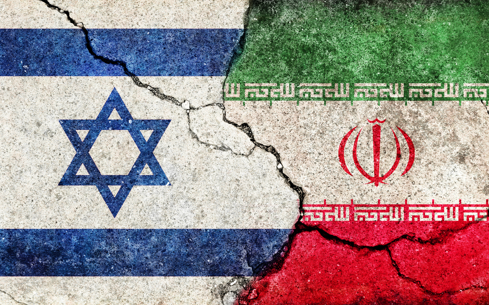 Israel vs Iran  (War crisis , Political  conflict). Grunge country flag illustration (cracked concrete background) 