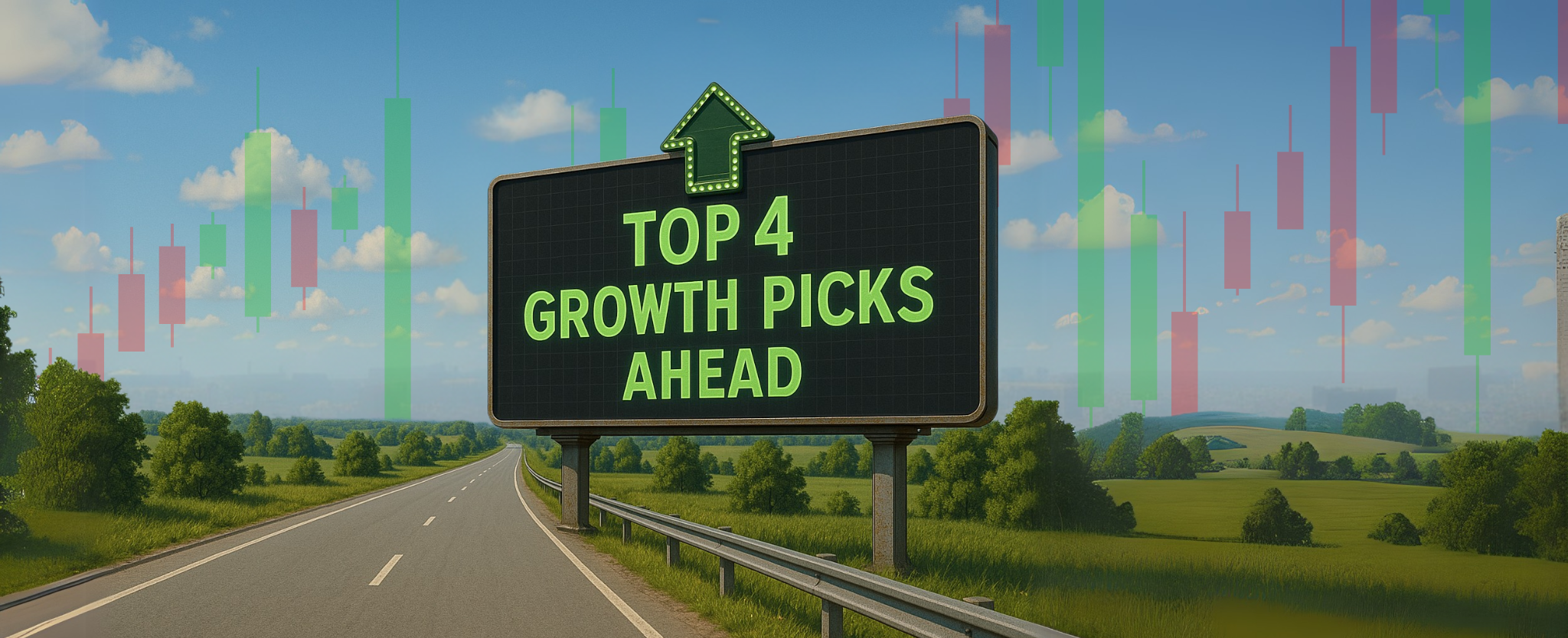 Top 4 Growth Picks Ahead billboard - This image is an original composition by MarketBeat using licensed and editorial elements. Not for redistribution or reuse.