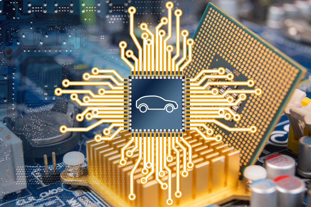 An illustration representing a computer circuit board and a car chip. — Photo