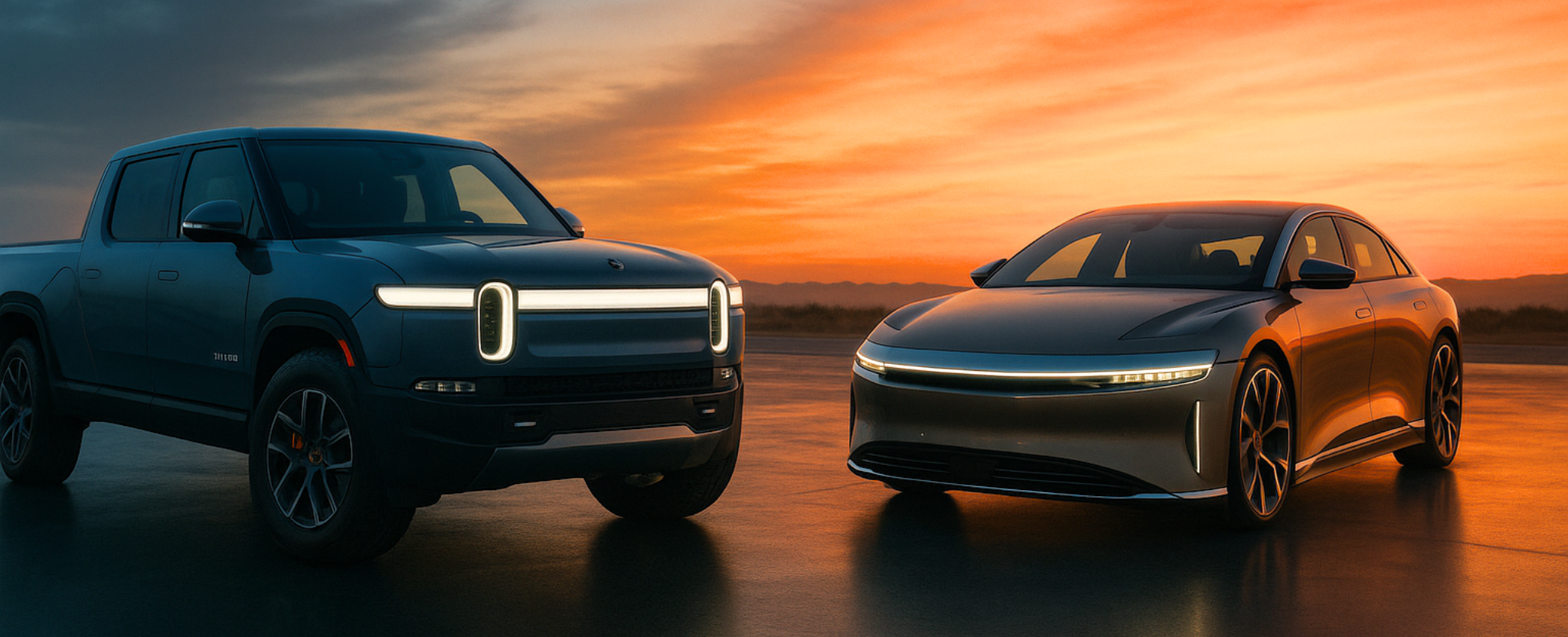 Rivian vs Lucid electric vehicles - This image is an original composition by MarketBeat using licensed and editorial elements. Not for redistribution or reuse.