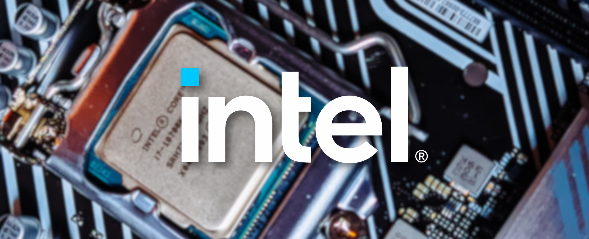 Intel logo on chip board - This image is an original composition by MarketBeat using licensed and editorial elements. Not for redistribution or reuse.