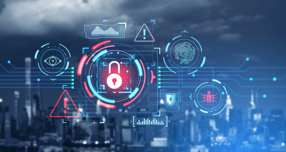 Immersive padlock cybersecurity interface with computer virus alert, fingerprint, computer bug icons over blurry night city background. Concept of data protection and smart city — Photo