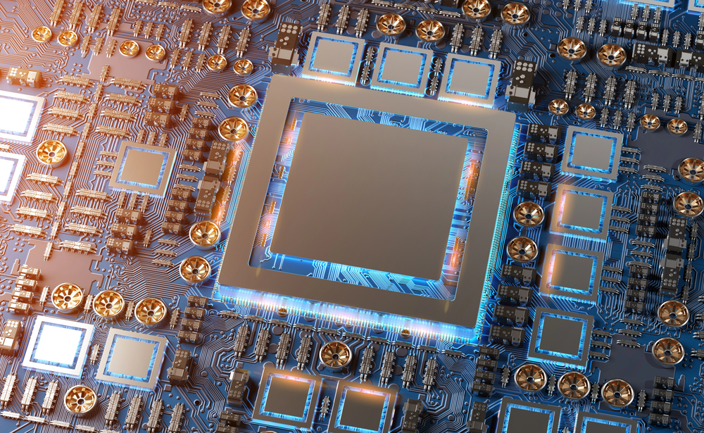 Close-up view of a modern GPU card with circuit and colorful lights and details 3D rendering - stock image
