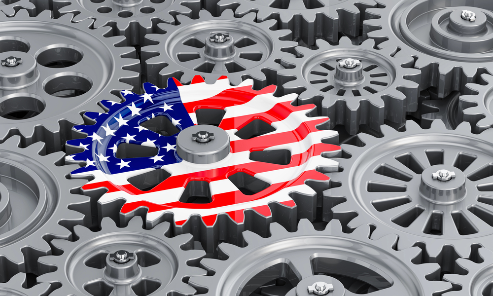 The USA flag on the gearwheel, business industrial concept. 3D rendering — Photo