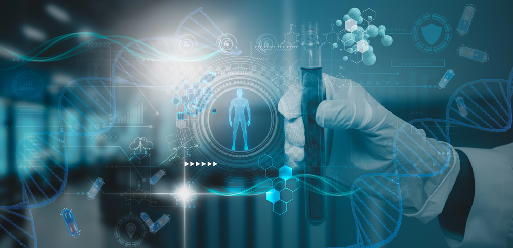 Futuristic laboratory, doctor or scientist holding glass tube, molecular and DNA structure, genetic research human biology and pharmaceutical technology, medical,science,development biological system — Photo