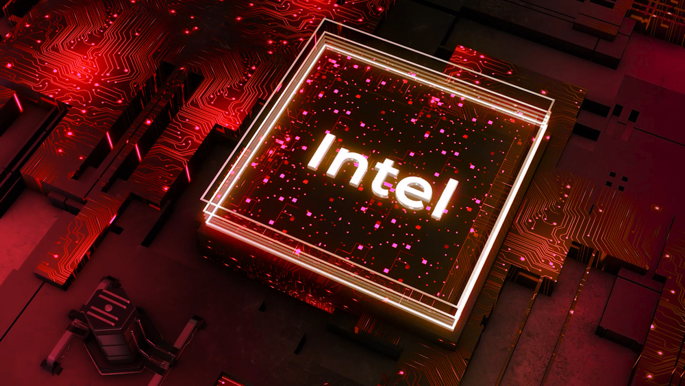 Inscription in neon square. Motion. Intel lettering in neon square on futuristic background. Animation of Intel lettering with neon lines and computer details - stock image