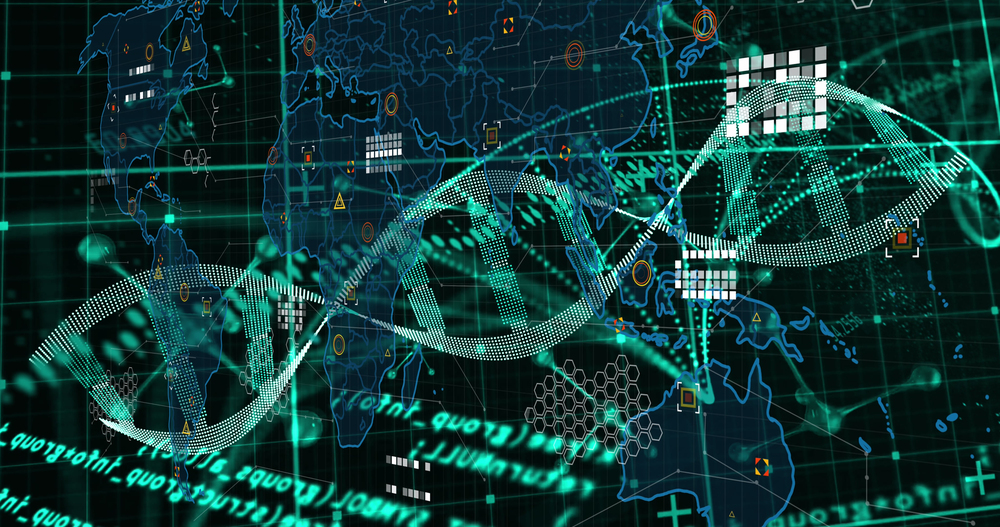 Image of dna strand and data processing over world map on black background. Global technology, computing and digital interface concept digitally generated image. — Photo