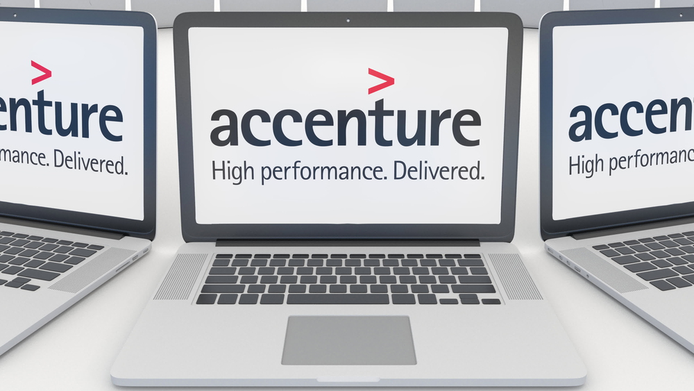 Laptops with Accenture logo on the screen. Computer technology conceptual editorial 3D rendering — Stock Editorial Photography
