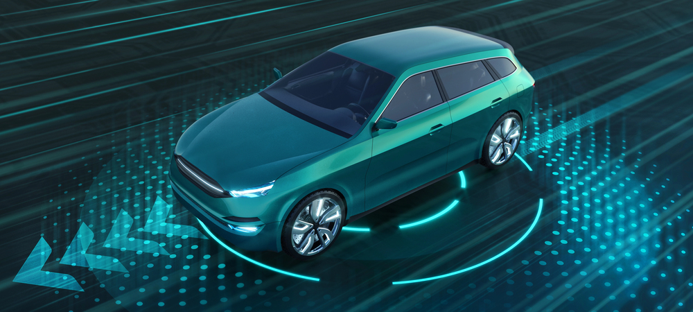 Modern SUV Car on the road with technology of automatic navigation sensors and autonomous driving. Professional 3d rendering of own designed generic non existing car model. — Photo