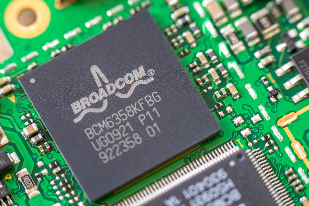 Timisoara, Romania - April 05, 2020: Close-up of a Broadcom BCM6358KFBG network controller. Electronic components.