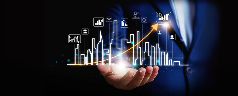 Businessman presenting process of growth stocks finance communication and business select city house real estate city concept and home icon business concept technology internet and network black background