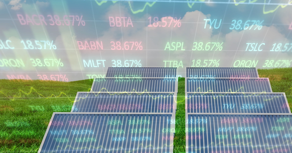 Image of stock market data processing over solar panels on grass against blue sky. Solar energy and technology concept — Photo