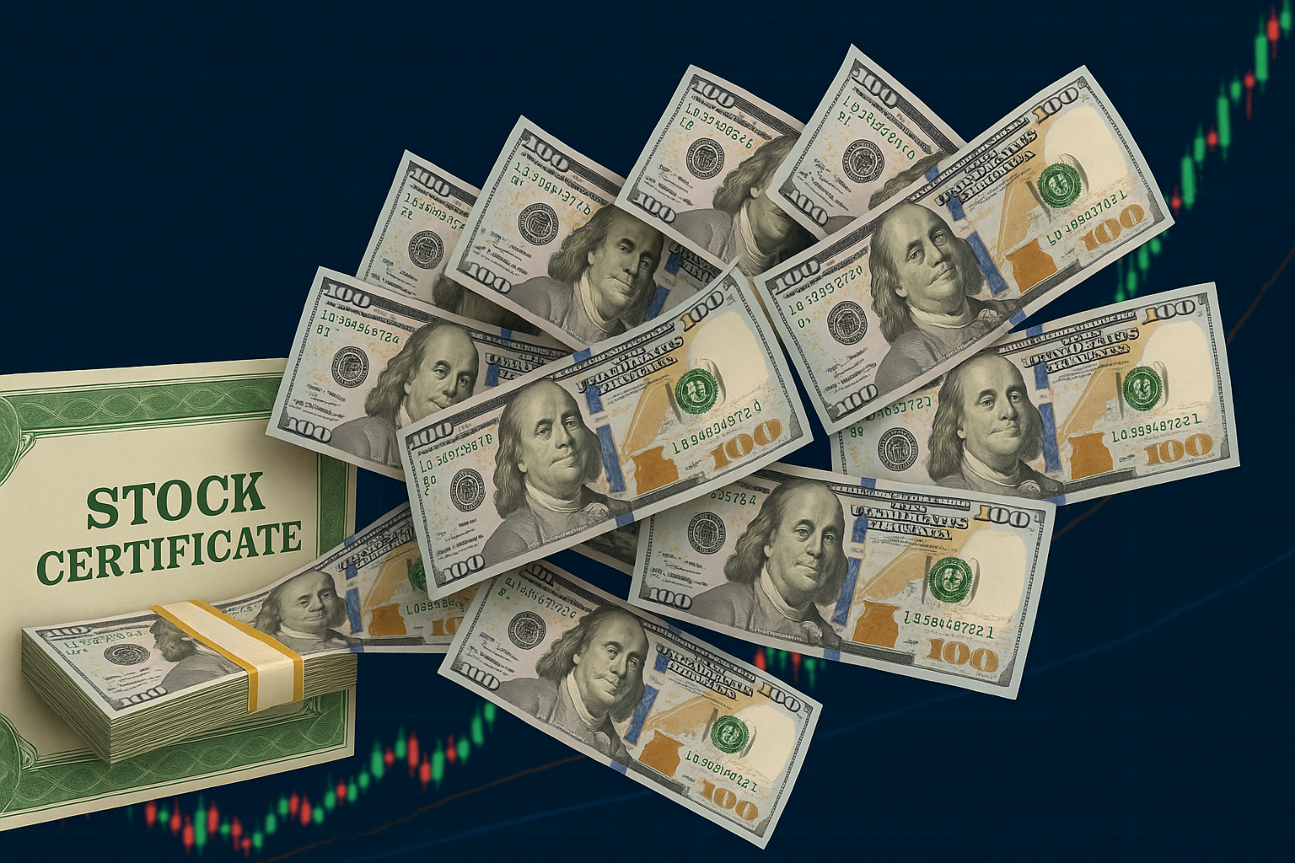 stock certificate dividend flow - This image is an original composition by MarketBeat using licensed and editorial elements. Not for redistribution or reuse.