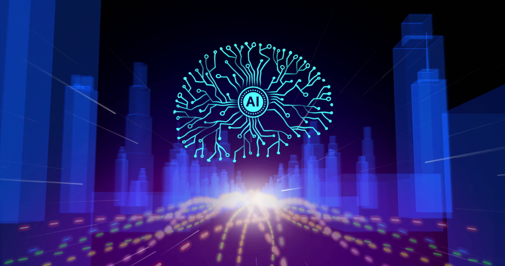 Digital brain and futuristic cityscape representing artificial intelligence concept. Technology, innovation, cyber, advancement — Photo