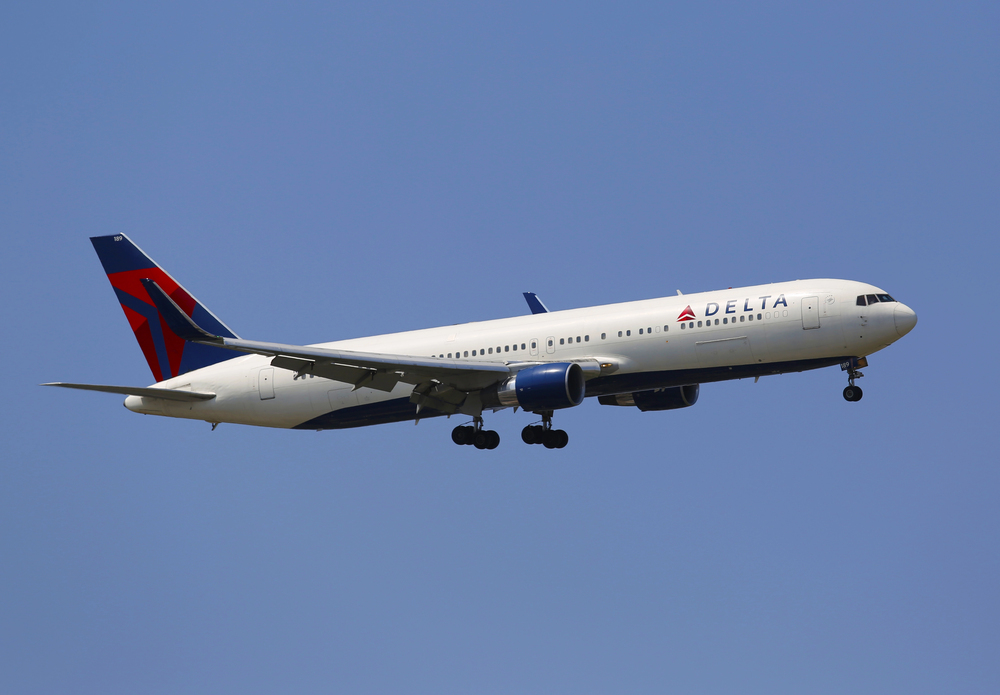 Delta airlines plane in the sky, no clouds